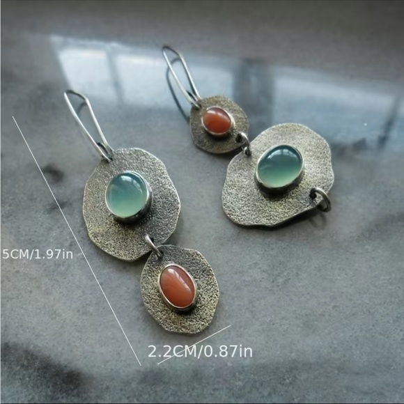 Boho Silver Asymmetrical with Stone Drop Earrings - Picture 2 of 3